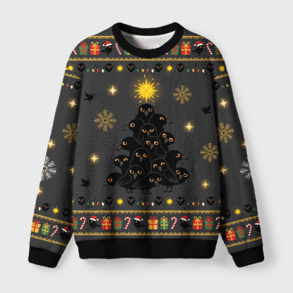 Tokyo-Tiger Crow Christmas Tree Fuzzy Christmas Ugly Sweatshirt