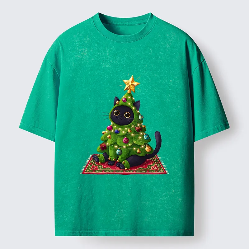 Tokyo-Tiger Cute Christmas Tree Cat Washed T-Shirt