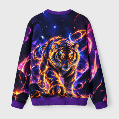 Tokyo-Tiger Cosmic Galaxy Cool Tiger Fuzzy Christmas Ugly Sweatshirt