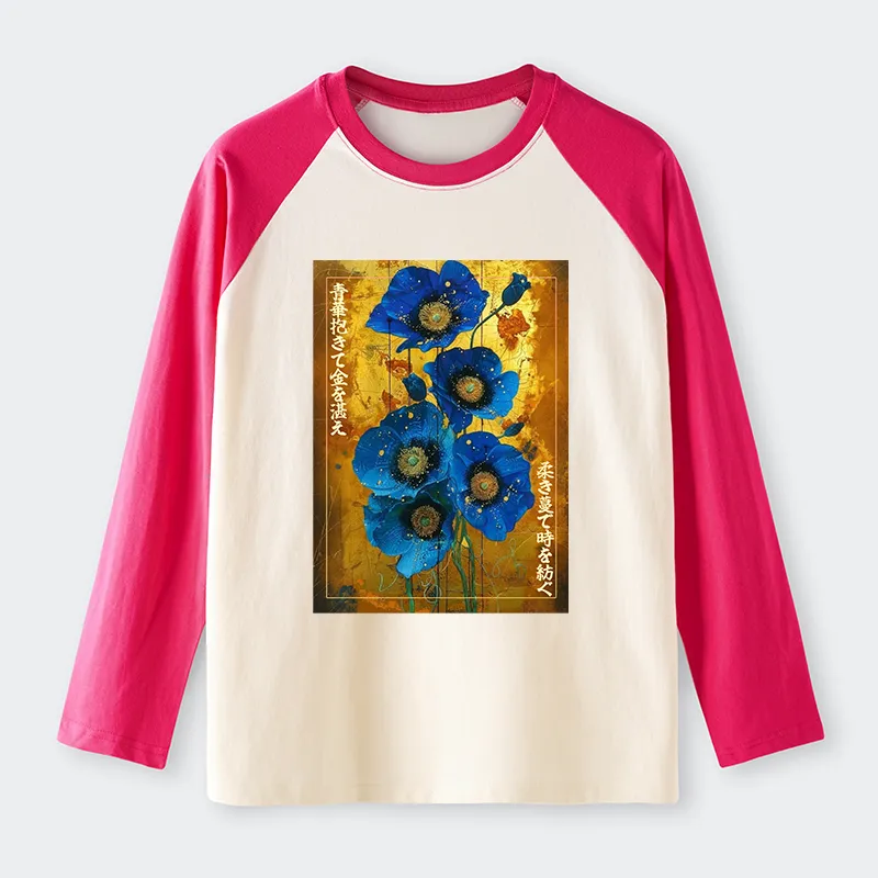 Tokyo-Tiger Shiny Blue Flower Warm Golden Background Raglan Long Sleeve T-shirt