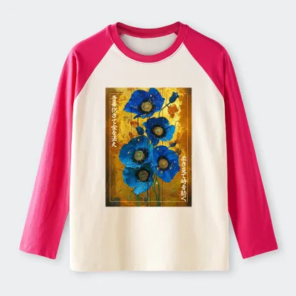 Tokyo-Tiger Shiny Blue Flower Warm Golden Background Raglan Long Sleeve T-shirt