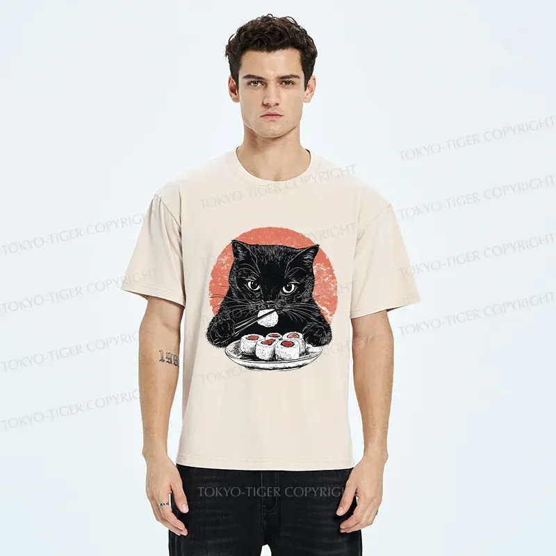 Tokyo-Tiger Cat Eating Delicious Sushi Washed T-Shirt
