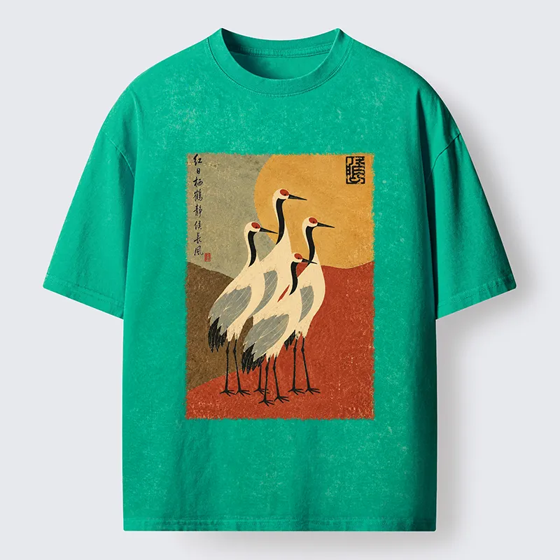 Tokyo-Tiger Oriental Crane Group Painting Washed T-Shirt