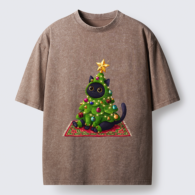 Tokyo-Tiger Cute Christmas Tree Cat Washed T-Shirt