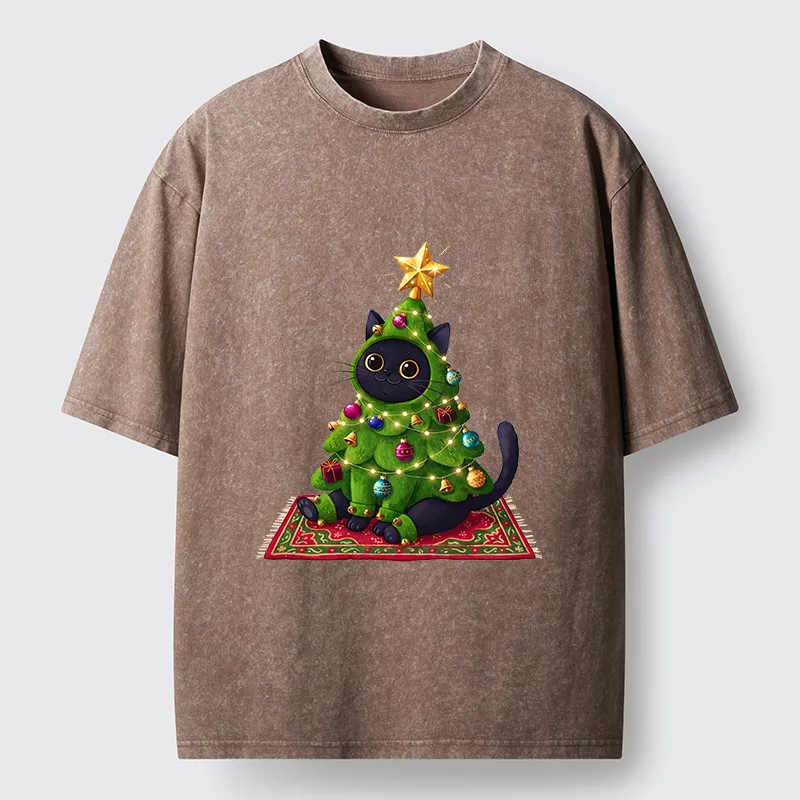 Tokyo-Tiger Cute Christmas Tree Cat Washed T-Shirt
