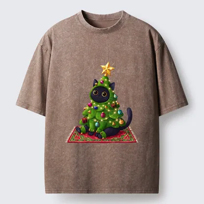 Tokyo-Tiger Cute Christmas Tree Cat Washed T-Shirt