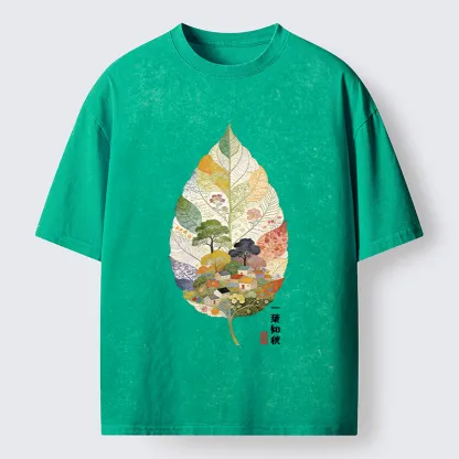 Tokyo-Tiger Autumn Leaf Village Scenery Art Washed T-Shirt