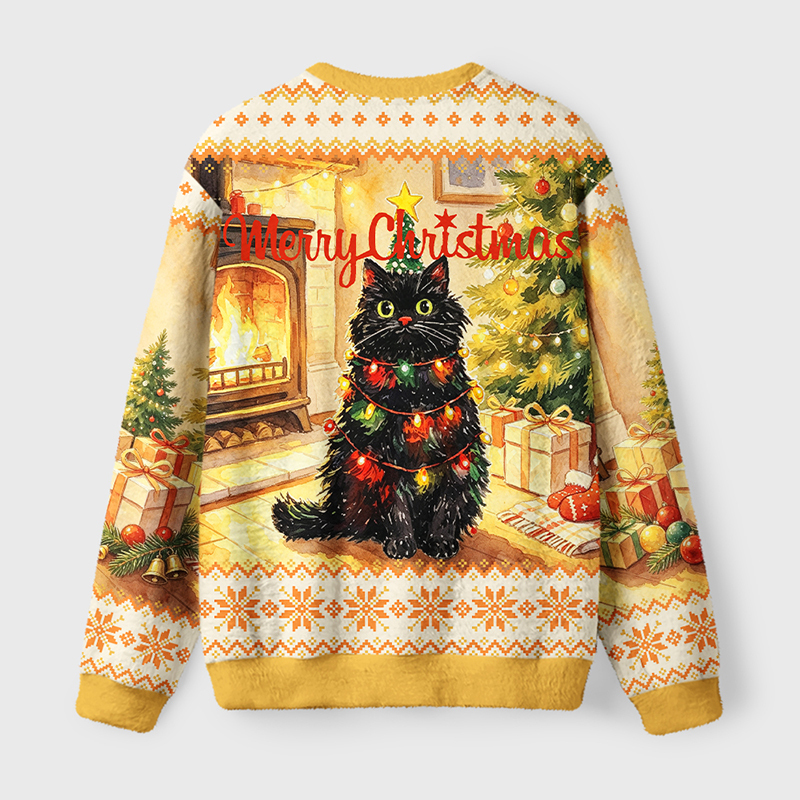 Tokyo-Tiger Christmas Cat Lights Fuzzy Christmas Ugly Sweatshirt