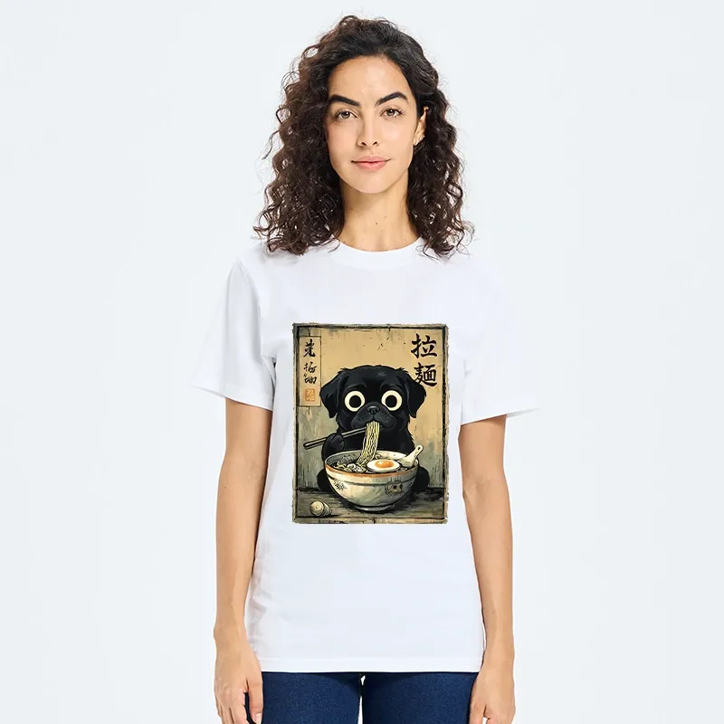 Tokyo-Tiger Cute Black Dog Eating Hot Ramen Classic T-Shirt