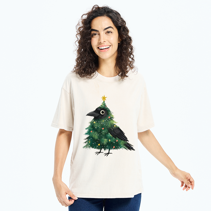 Tokyo-Tiger Cute Christmas Tree Crow Washed T-Shirt