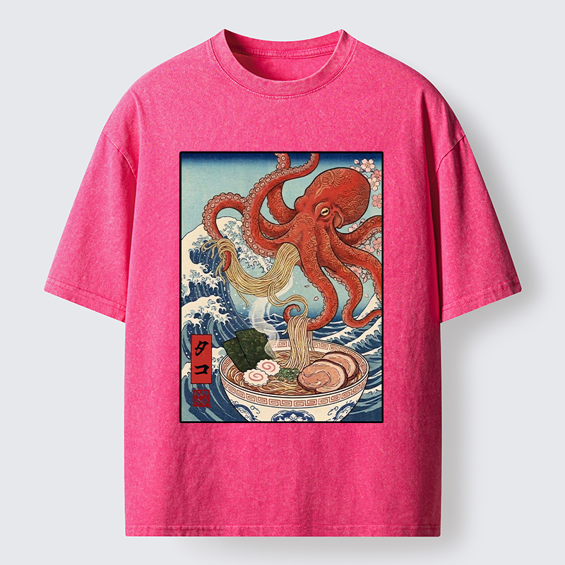 Tokyo-Tiger Octopus Eating Ramen Ukiyo Art Washed T-Shirt