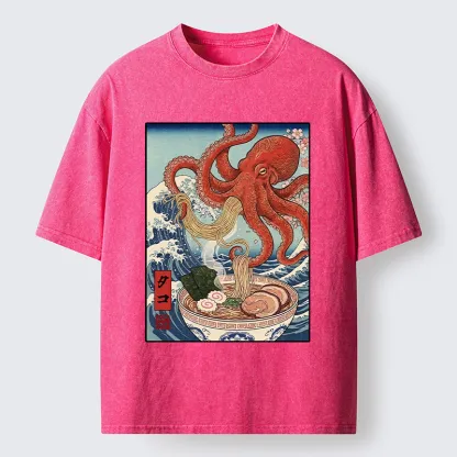 Tokyo-Tiger Octopus Eating Ramen Ukiyo Art Washed T-Shirt