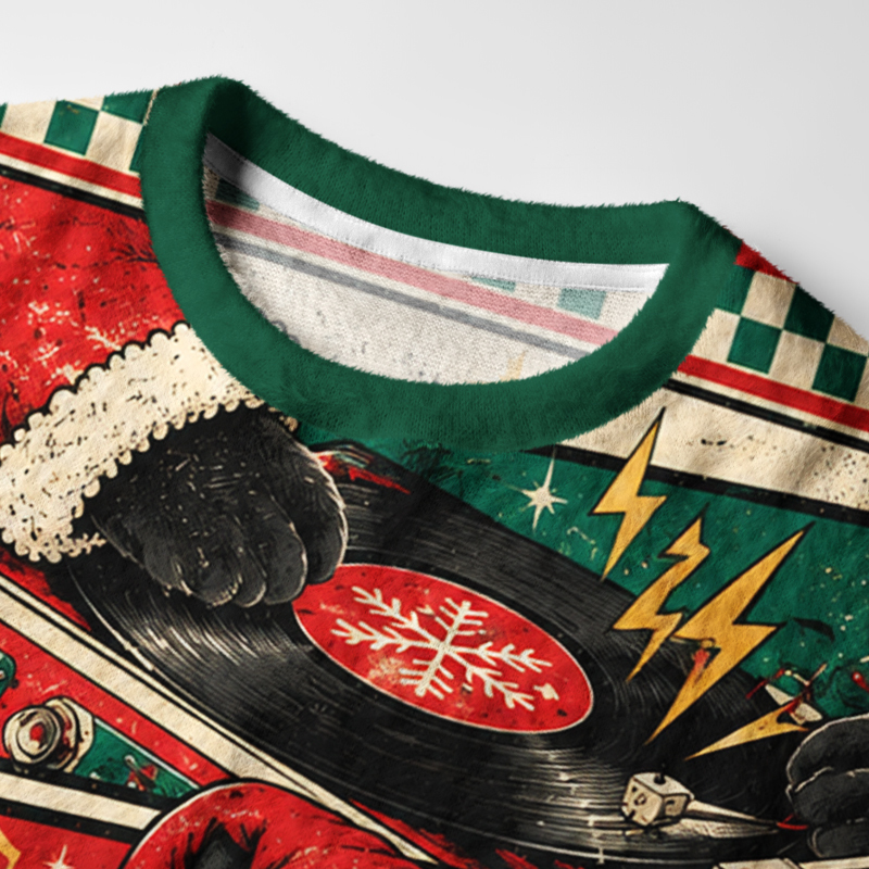 Tokyo-Tiger Christmas Music Black Cat Fuzzy Christmas Ugly Sweatshirt