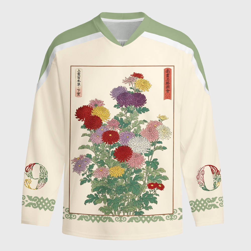 Tokyo-Tiger Traditional Bloom Print Long-Sleeve Hockey Jersey