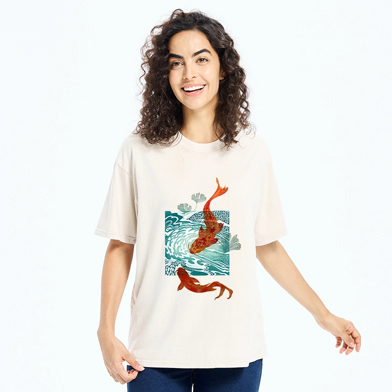 Tokyo-Tiger Vibrant Koi In Wave Patterns Washed T-Shirt