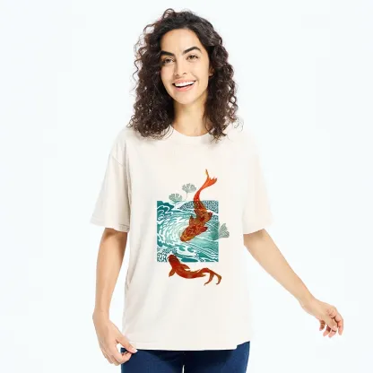 Tokyo-Tiger Vibrant Koi In Wave Patterns Washed T-Shirt