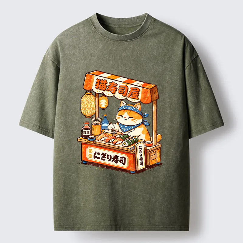 Tokyo-Tiger Cute Cat Running A Sushi Stall Washed T-Shirt