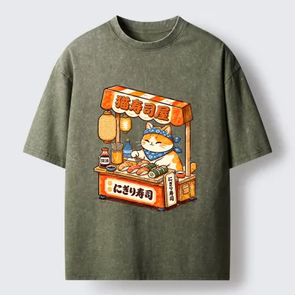 Tokyo-Tiger Cute Cat Running A Sushi Stall Washed T-Shirt