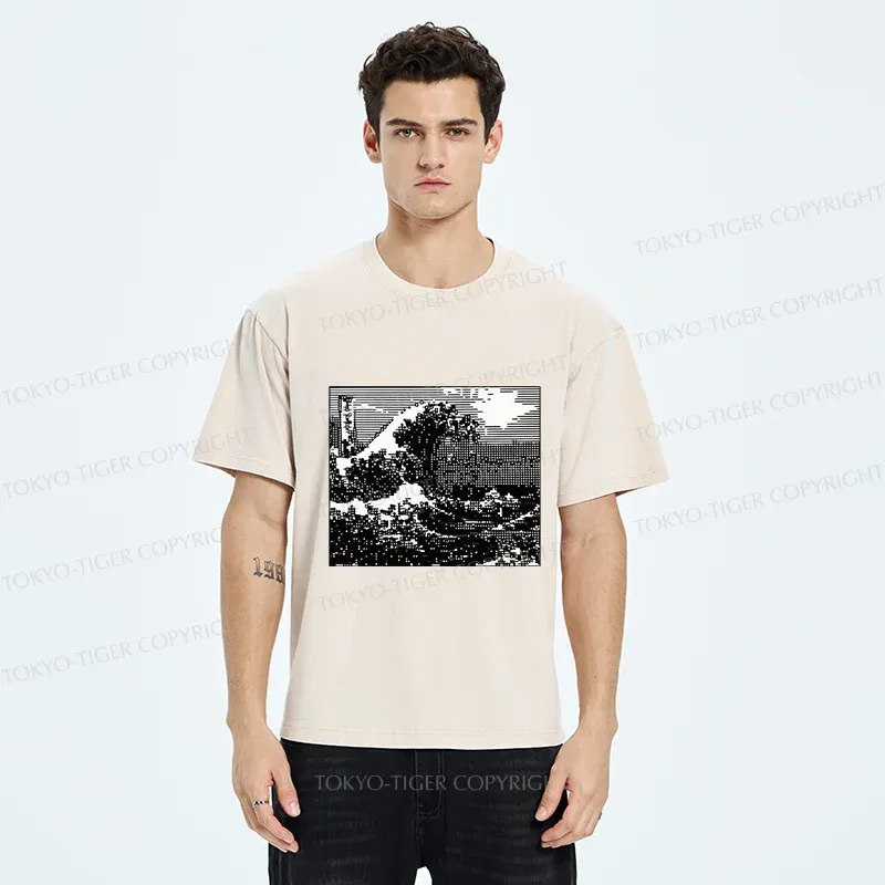 Tokyo-Tiger Black And White Ukiyoe Wave Washed T-Shirt