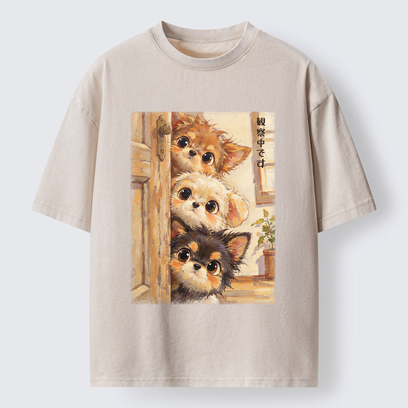 Tokyo-Tiger Puppies Are Peeking At You Washed T-Shirt