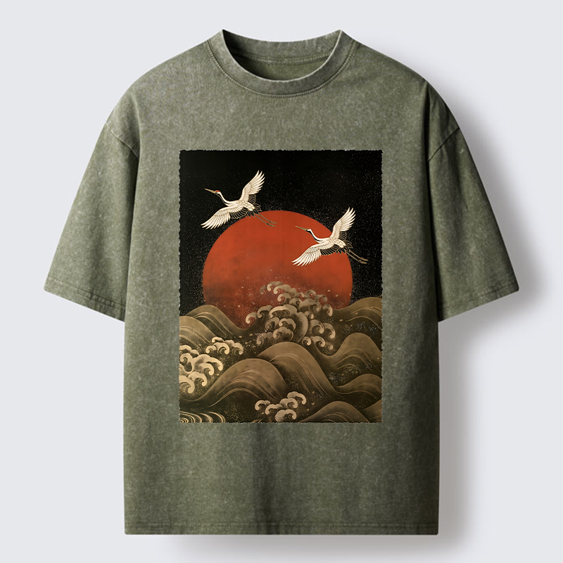 Tokyo-Tiger Japanese Crane Wave Art Washed T-Shirt
