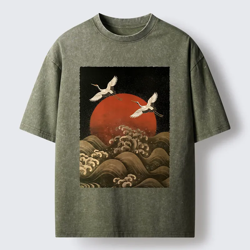 Tokyo-Tiger Japanese Crane Wave Art Washed T-Shirt