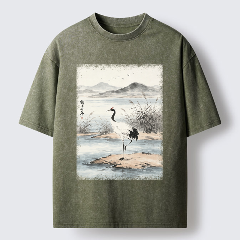 Tokyo-Tiger Serene Oriental Crane Art Washed T-Shirt