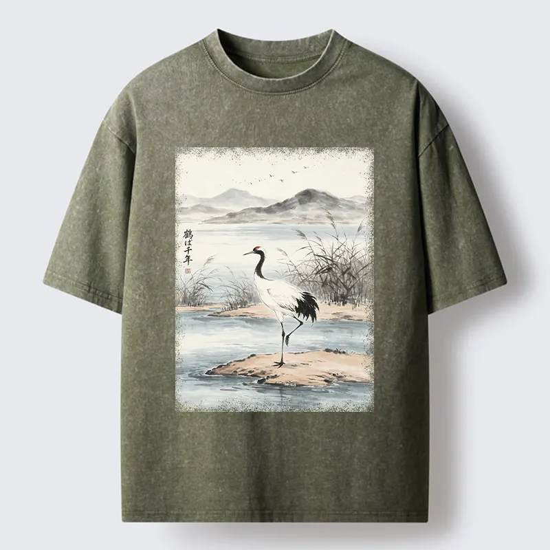 Tokyo-Tiger Serene Oriental Crane Art Washed T-Shirt