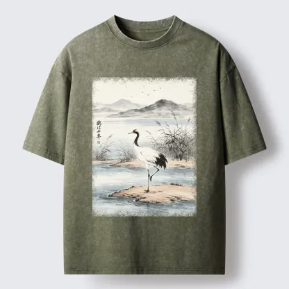 Tokyo-Tiger Serene Oriental Crane Art Washed T-Shirt