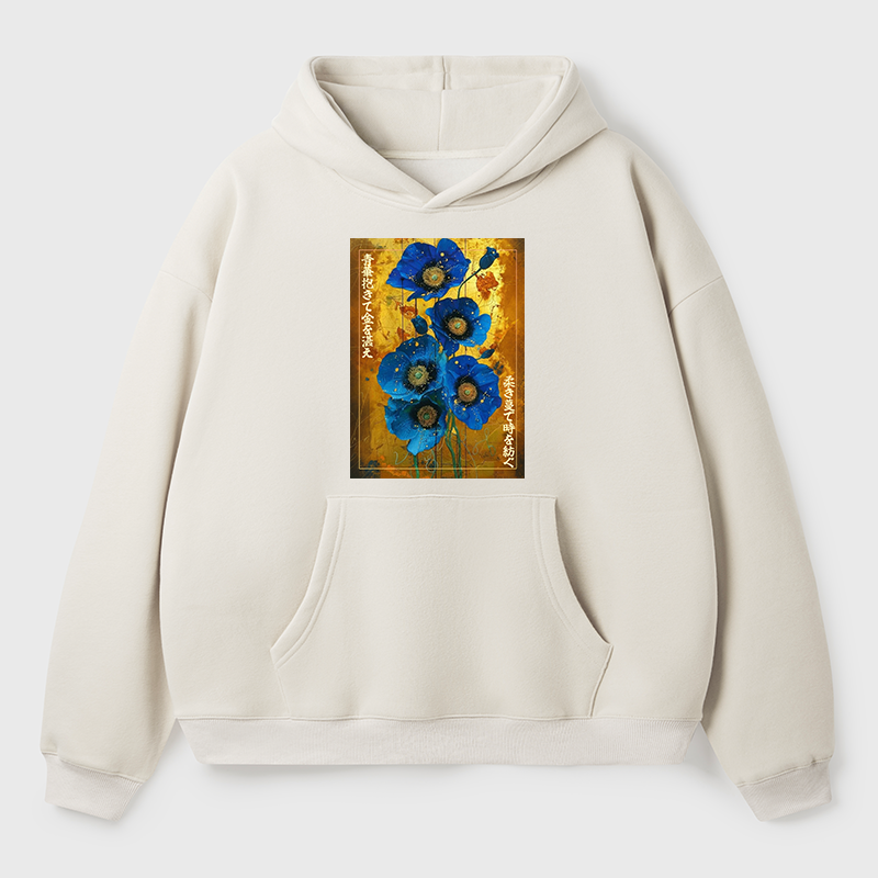 Tokyo-Tiger Shiny Blue Flower Warm Golden Background Adult Fleece Hoodie