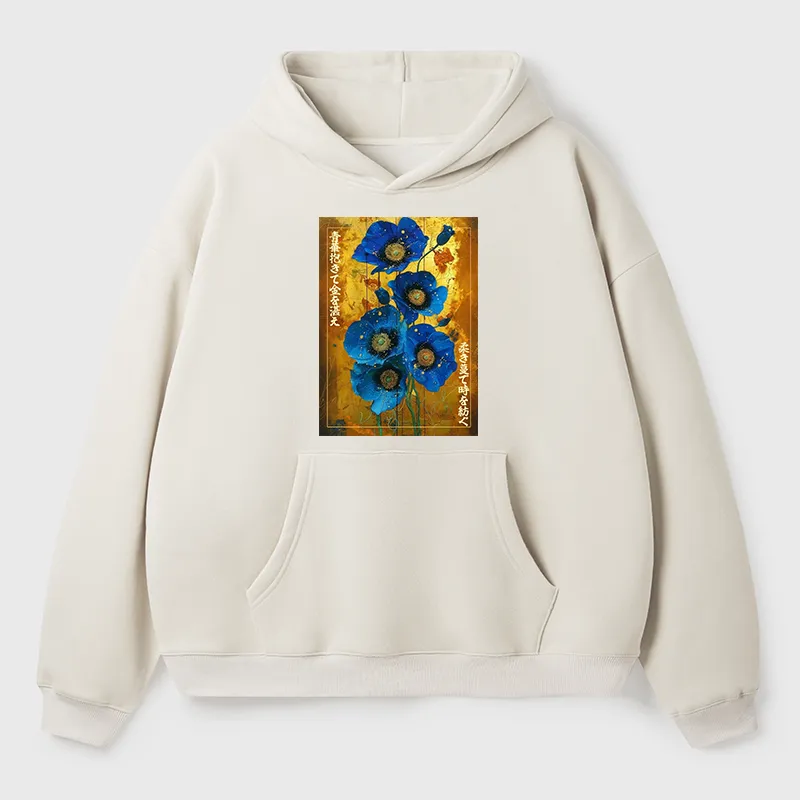 Tokyo-Tiger Shiny Blue Flower Warm Golden Background Adult Fleece Hoodie