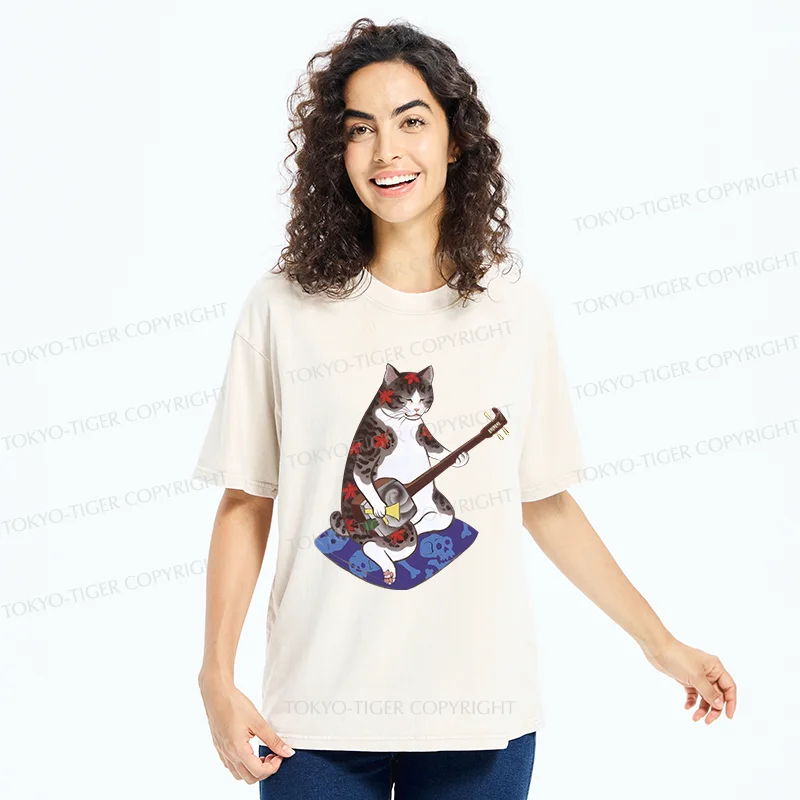 Tokyo-Tiger Cat Playing Shamisen Washed T-Shirt