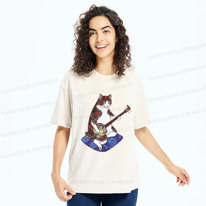Tokyo-Tiger Cat Playing Shamisen Washed T-Shirt
