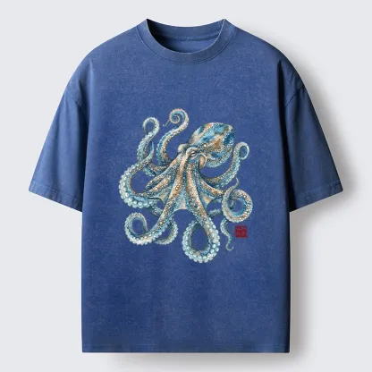 Tokyo-Tiger Ocean Octopus Art Washed T-Shirt