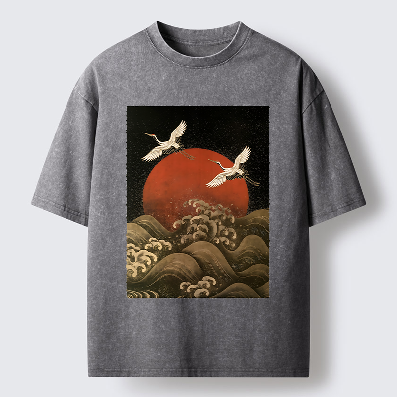 Tokyo-Tiger Japanese Crane Wave Art Washed T-Shirt