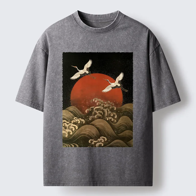 Tokyo-Tiger Japanese Crane Wave Art Washed T-Shirt