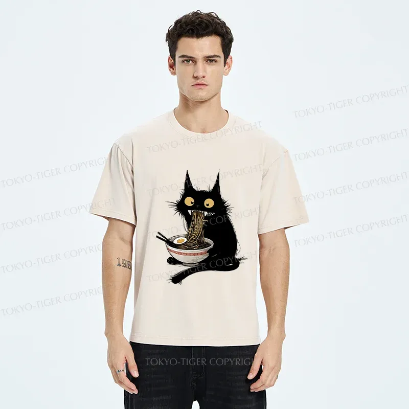 Tokyo-Tiger Naughty Kitten Is Eating Ramen Washed T-Shirt