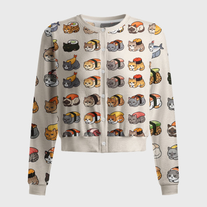 Tokyo-Tiger Cat Sushi Pattern Women's Fuzzy Cropped Sweatshirt