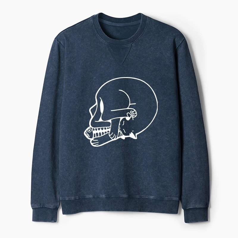 Tokyo-Tiger Funny Cat Eating Fish Washed Terry Sweatshirt