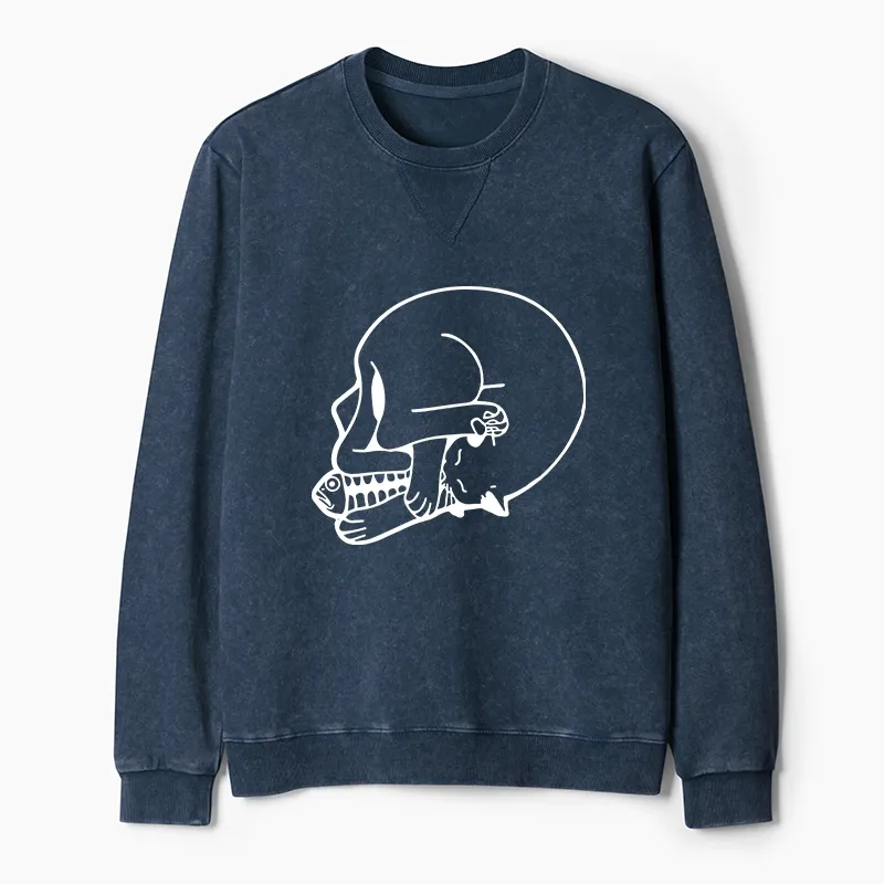 Tokyo-Tiger Funny Cat Eating Fish Washed Terry Sweatshirt