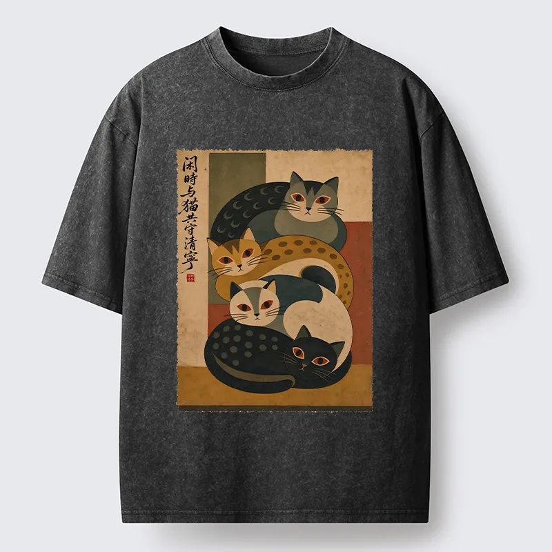 Tokyo‑Tiger Retro Stack Cat Art Washed T‑Shirt Sale