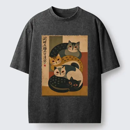 Tokyo-Tiger Retro Stack Cat Art Washed T-Shirt