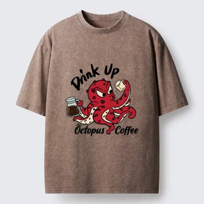 Tokyo-Tiger Red Octopus Drinking Coffee Washed T-Shirt