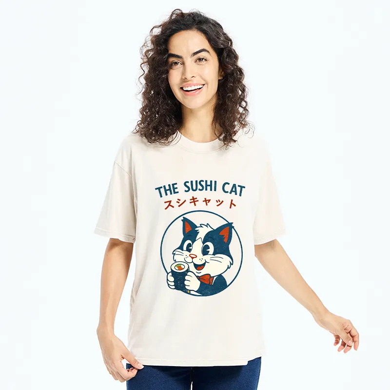Tokyo-Tiger Cat Sushi Funny Washed T-Shirt