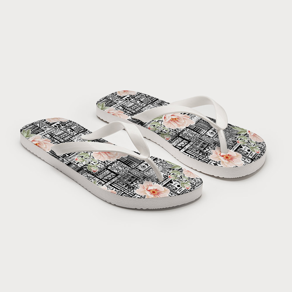 Tokyo-Tiger Flowers In Line Art Flip Flops
