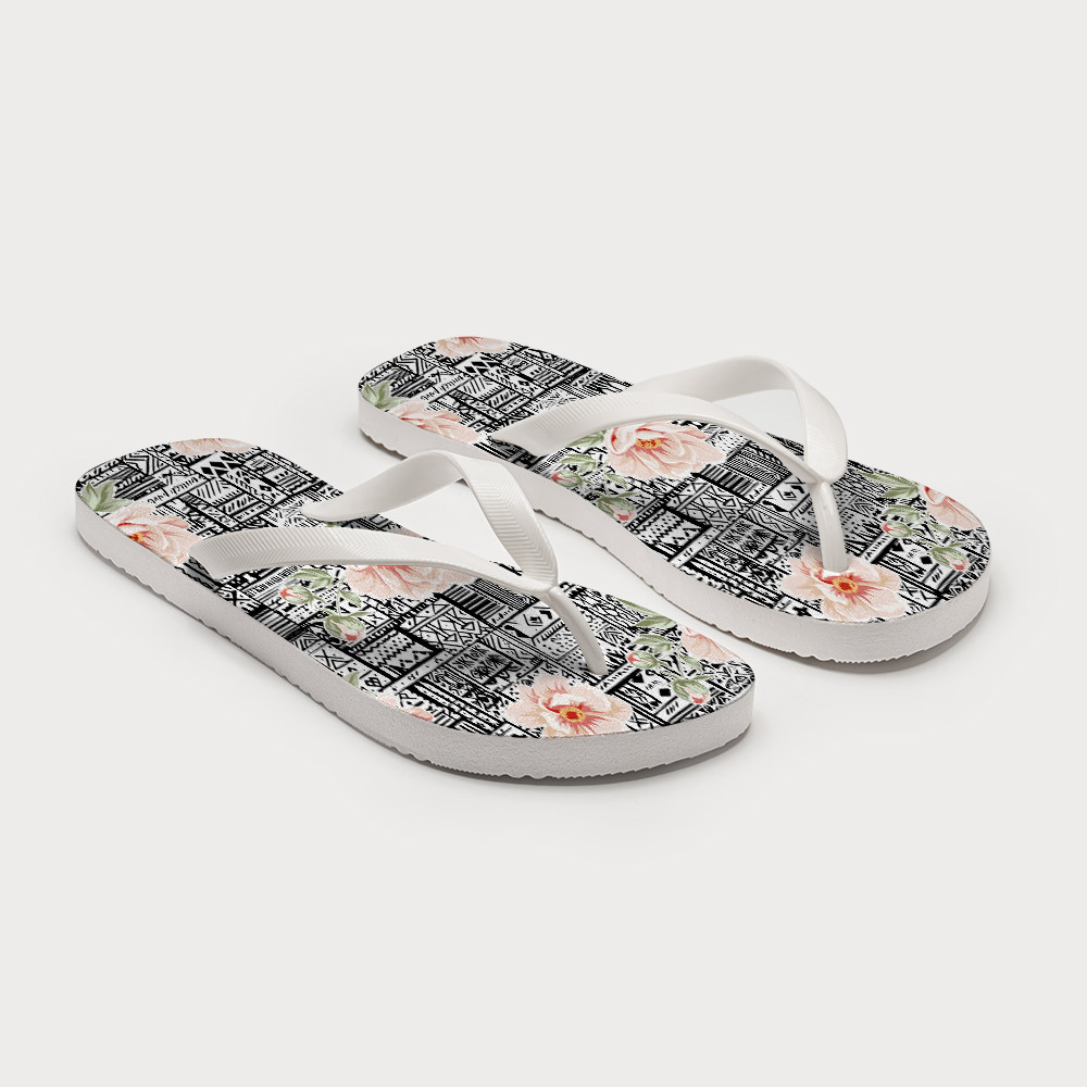 Tokyo-Tiger Flowers In Line Art Flip Flops
