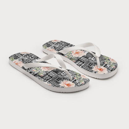 Tokyo-Tiger Flowers In Line Art Flip Flops