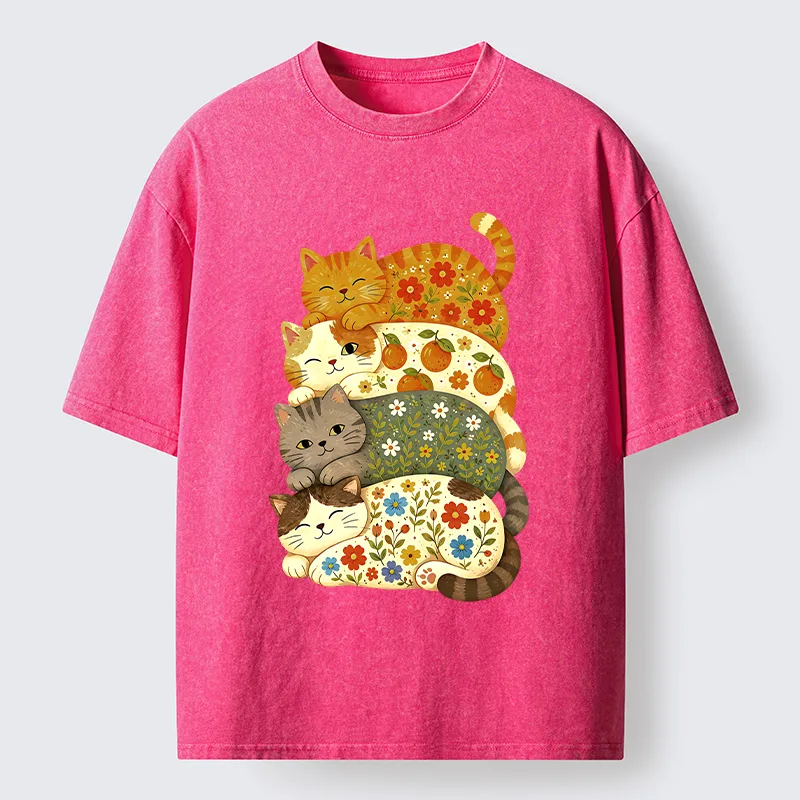 Tokyo‑Tiger Stacked Floral Cats Washed T‑Shirt