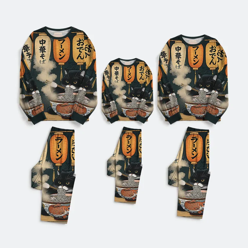 Tokyo-Tiger Fat Cat Eating Ramen Family Pajama Sets