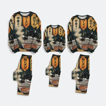 Tokyo-Tiger Fat Cat Eating Ramen Family Pajama Sets